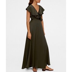 Mango MNG Green Satin Ruffle V-Neck wrap Maxi Dress Sz 4 Flutter Sleeve chic